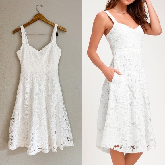 Divine Beauty White Lace Midi Dress With Pockets S NWOT - Picture 1 of 11